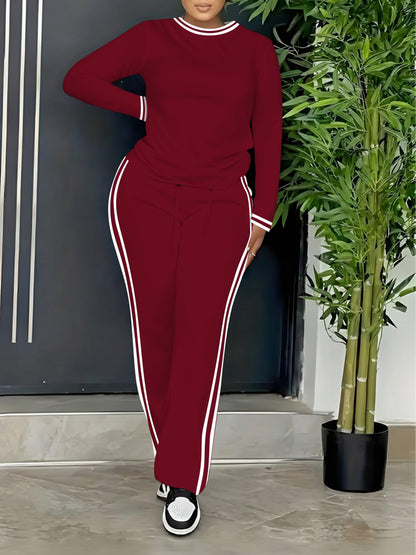 Damen Sportanzug Set Marineblau mit Streifen Langarm Oberteil und Hose
