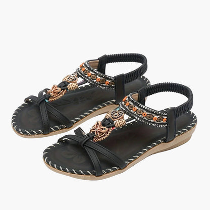 Sandalias bohemias para mujer con decoración étnica de perlas y plantilla cómoda – Tendencia de verano y ocio