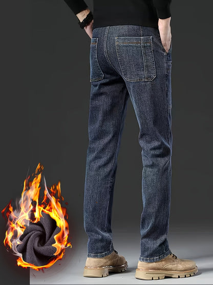 Jeans invernali da uomo, pantaloni foderati, neri o blu, vestibilità dritta
