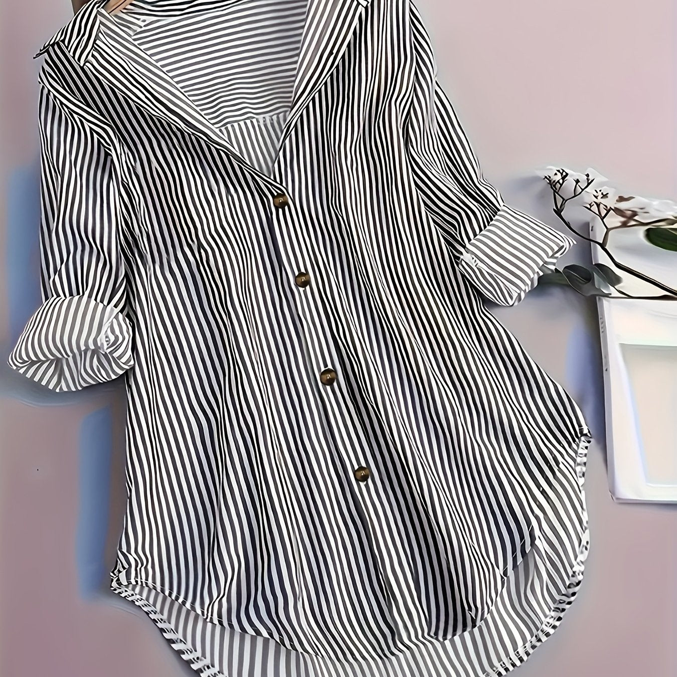 Dame langærmet skjortebluse med striber, afslappet elegant til kontor og hverdag