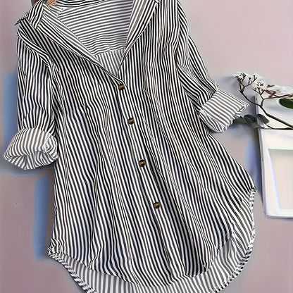 Dame langærmet skjortebluse med striber, afslappet elegant til kontor og hverdag
