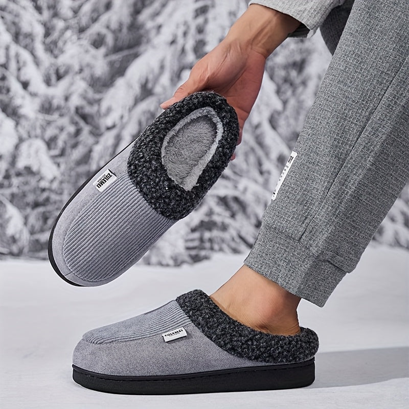 Unisex winterslippers grijs, geribbeld, met pluche voering en stevige zool