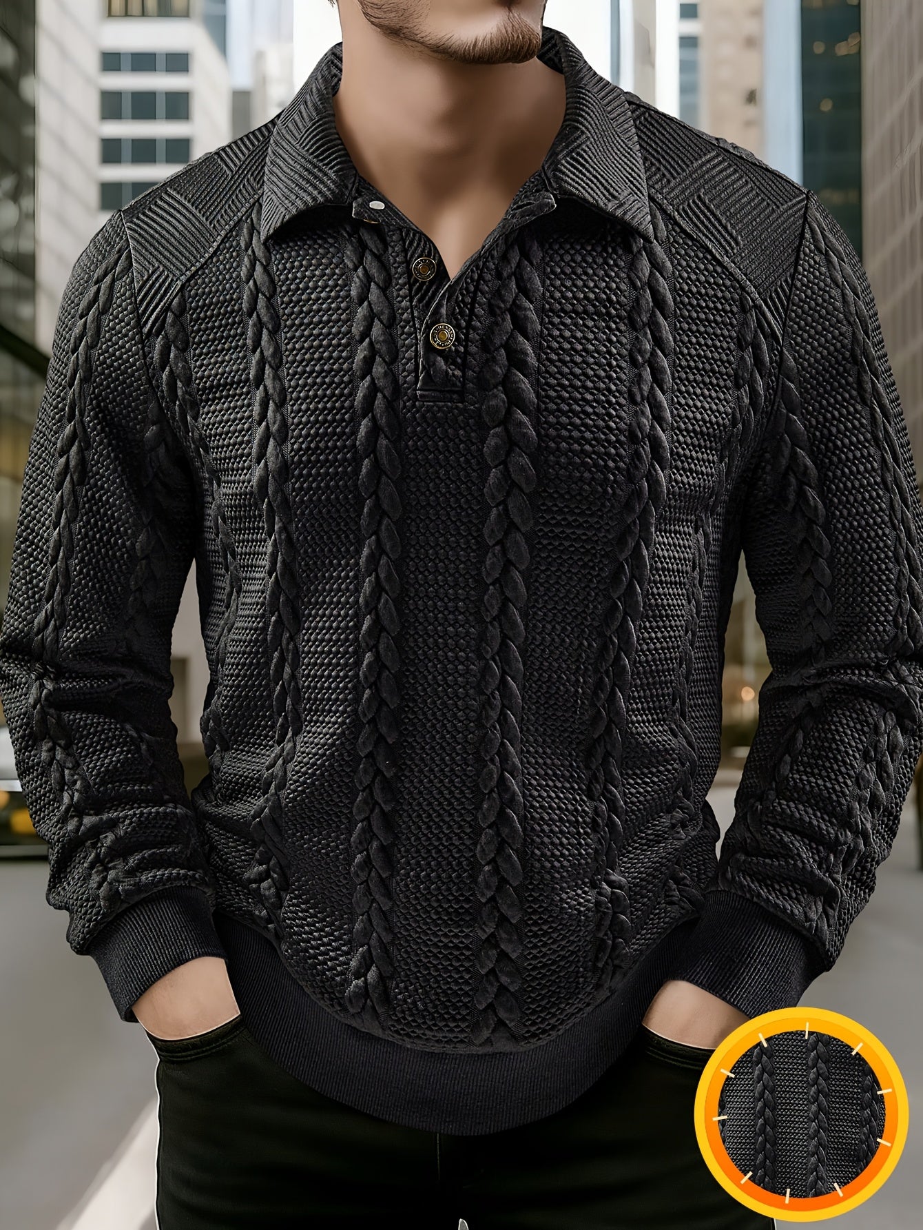 Polo da uomo in maglia a maniche lunghe con motivo intrecciato, grigio scuro
