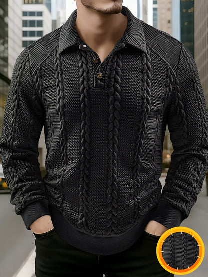 Polo da uomo in maglia a maniche lunghe con motivo intrecciato, grigio scuro