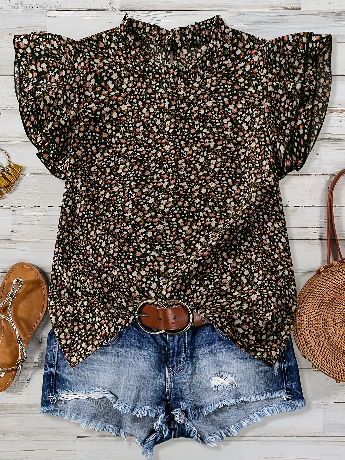Damen Sommer Blusenshirt mit Blumenmuster und Volantärmeln – Elegantes Freizeit Top für Alltag & Urlaub