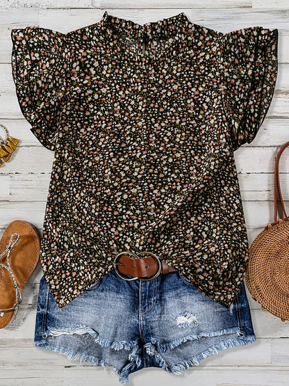Damen Sommer Blusenshirt mit Blumenmuster und Volantärmeln – Elegantes Freizeit Top für Alltag & Urlaub