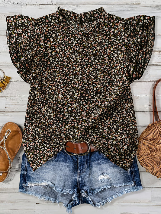 Dame sommer bluseskjorte med blomsterprint og volangerm – elegant fritidstopp for hverdag og ferie