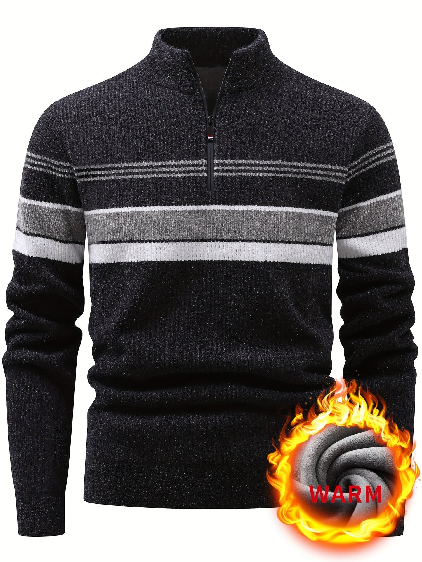 Herren Halb-Reißverschluss Strickpullover mit Streifenmuster, gerippt