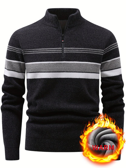 Herren Halb-Reißverschluss Strickpullover mit Streifenmuster, gerippt