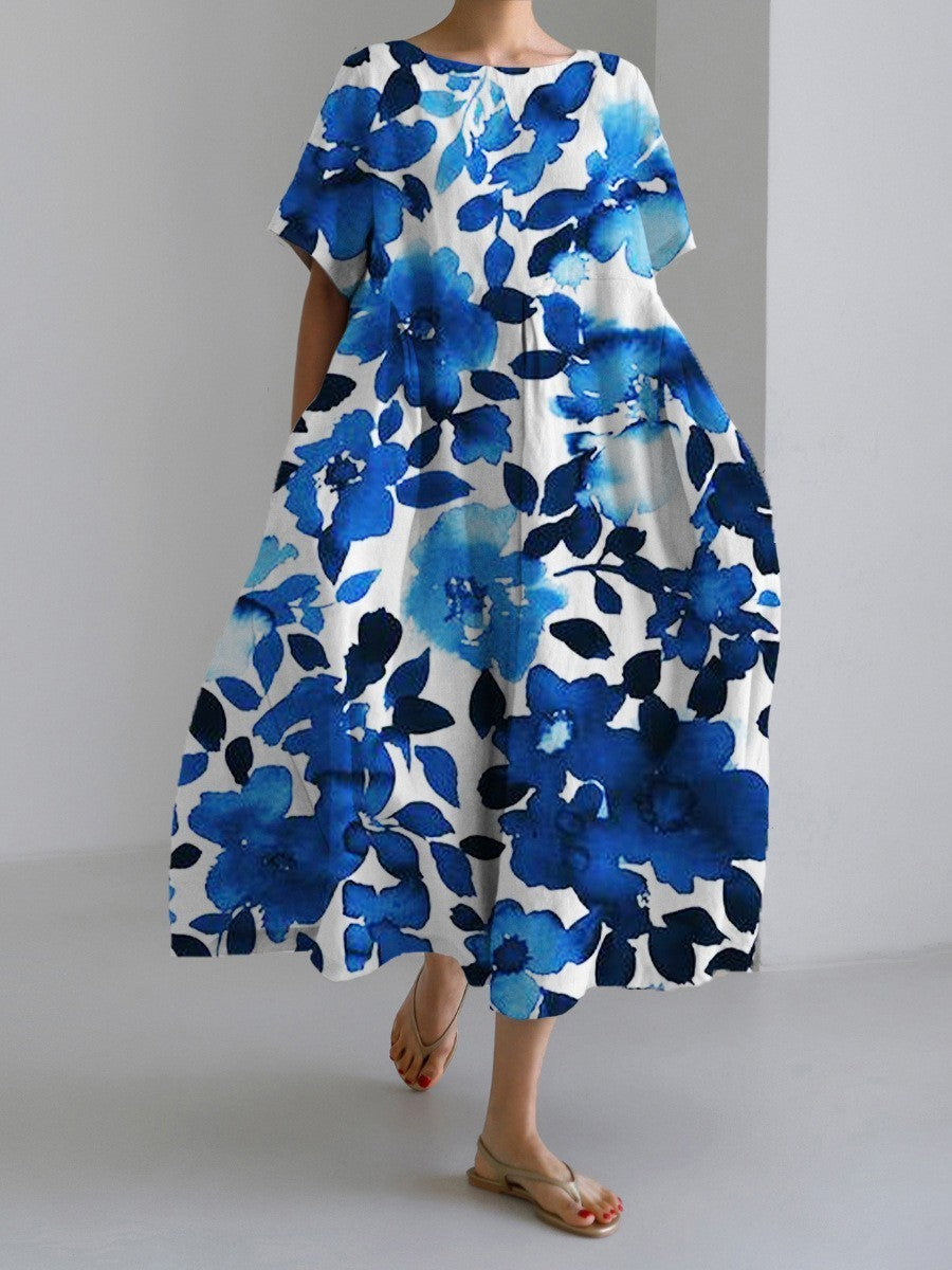 Damen Maxikleid Retro A-Linie mit großen Blumen – Sommerkleid im künstlerischen Vintage-Stil, Elegantes Freizeitkleid