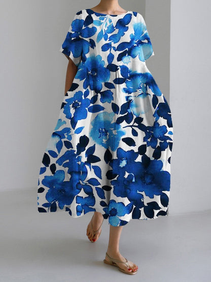 Damen Maxikleid Retro A-Linie mit großen Blumen – Sommerkleid im künstlerischen Vintage-Stil, Elegantes Freizeitkleid