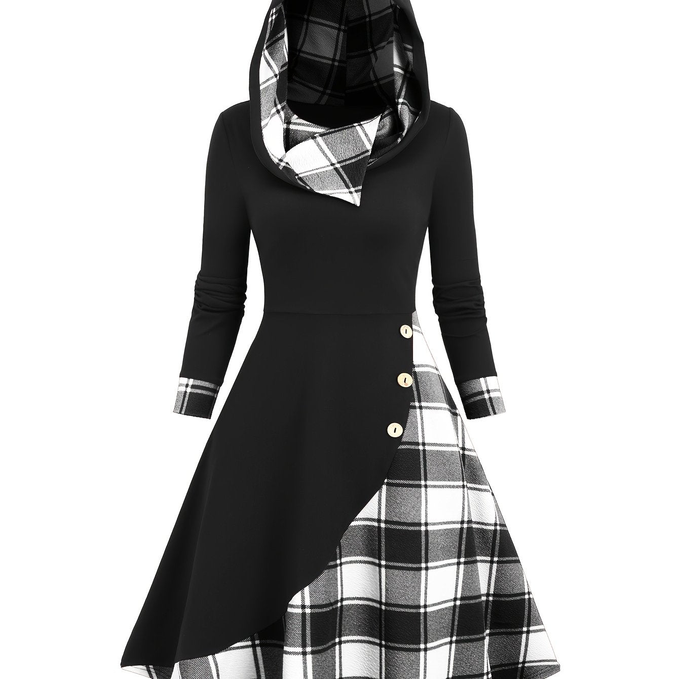 Damen Kapuzenkleid Schwarz Karomuster Langarm Midi