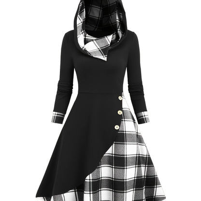 Damen Kapuzenkleid Schwarz Karomuster Langarm Midi
