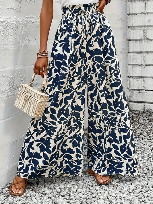 Dames wijd uitlopende paperbag-broek met botanische print – Elegante boho-stijl voor vrije tijd en vakantie