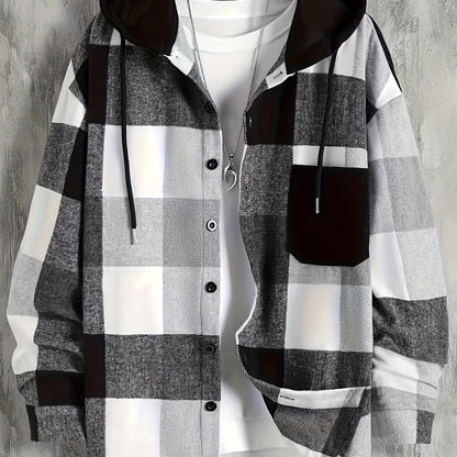 Camicia-giacca da uomo con cappuccio a quadri, nera e bianca, oversize