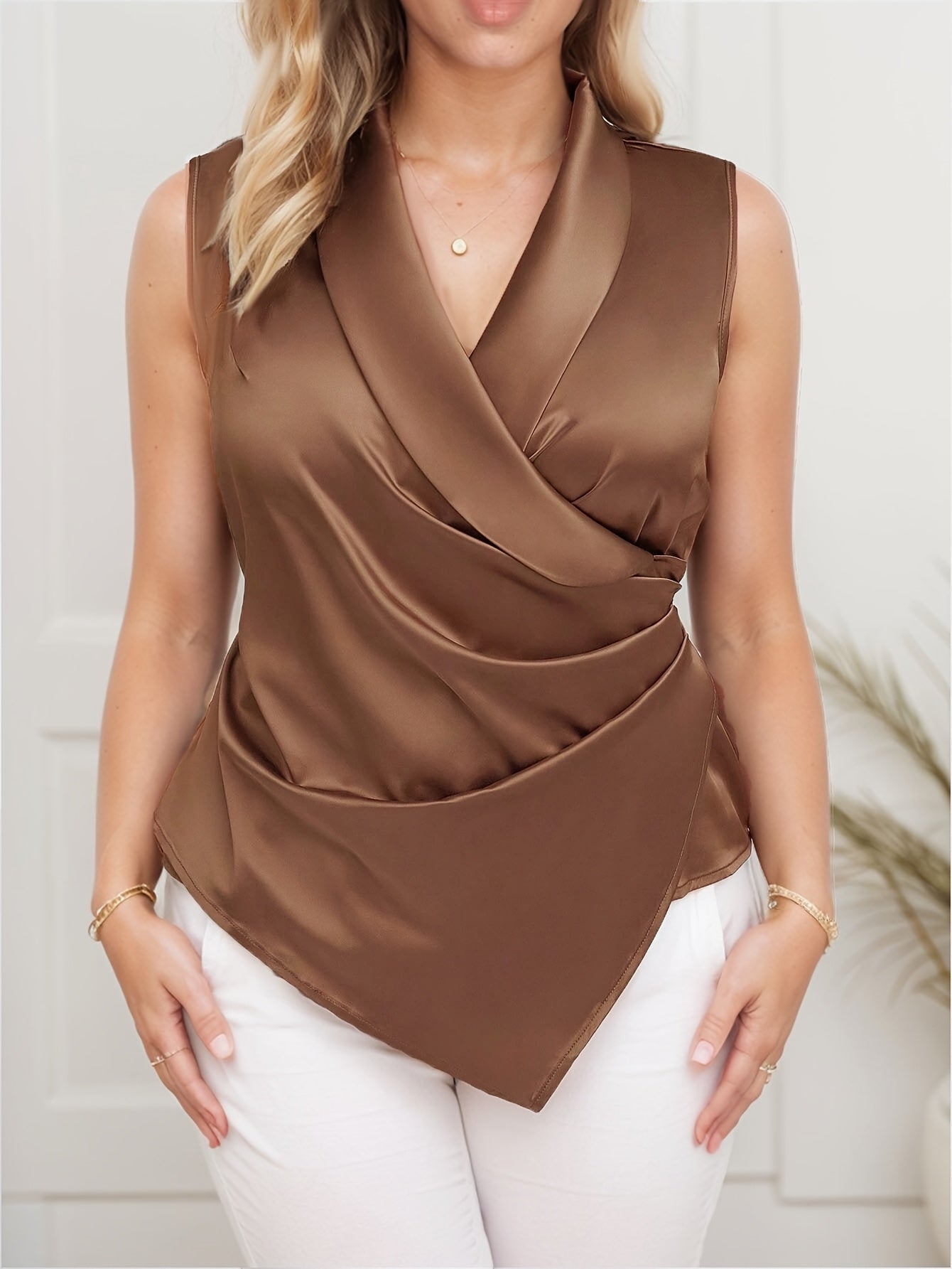 Blouse portefeuille élégante pour femme, sans manches, asymétrique, pour bureau et loisirs