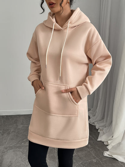 Damen Hoodie-Kleid Schwarz Langarm Kapuzenpullover Tunika Kängurutasche