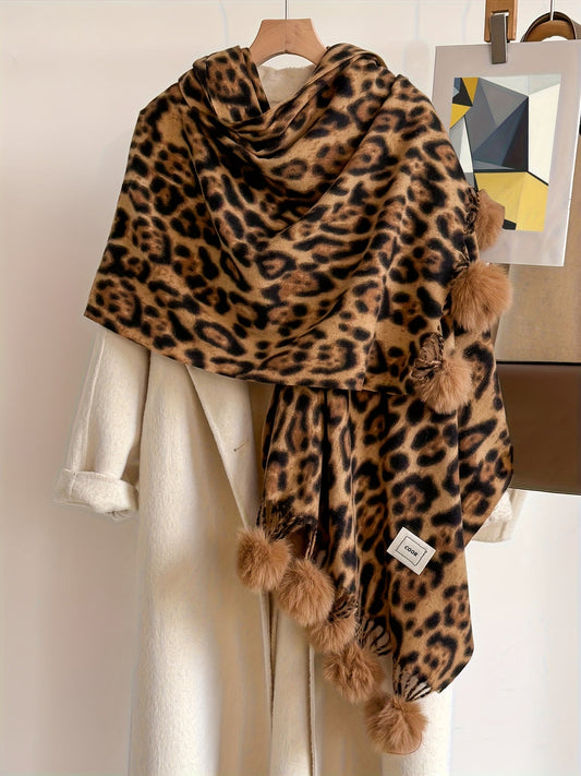 Tørklæde med leopardmønster og pomponer, blødt materiale