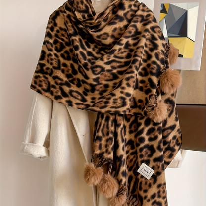 Schal mit Leopardenmuster und Pompons, weiches Material