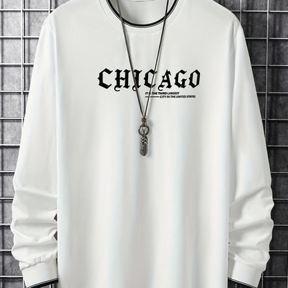 Herren Langarmshirt mit Chicago-Schriftzug und Rippbündchen, Rundhalsausschnitt