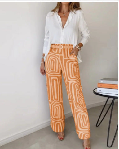 Shannon – Costume décontracté pour femme avec chemise à manches longues à col revers et pantalon à jambes larges