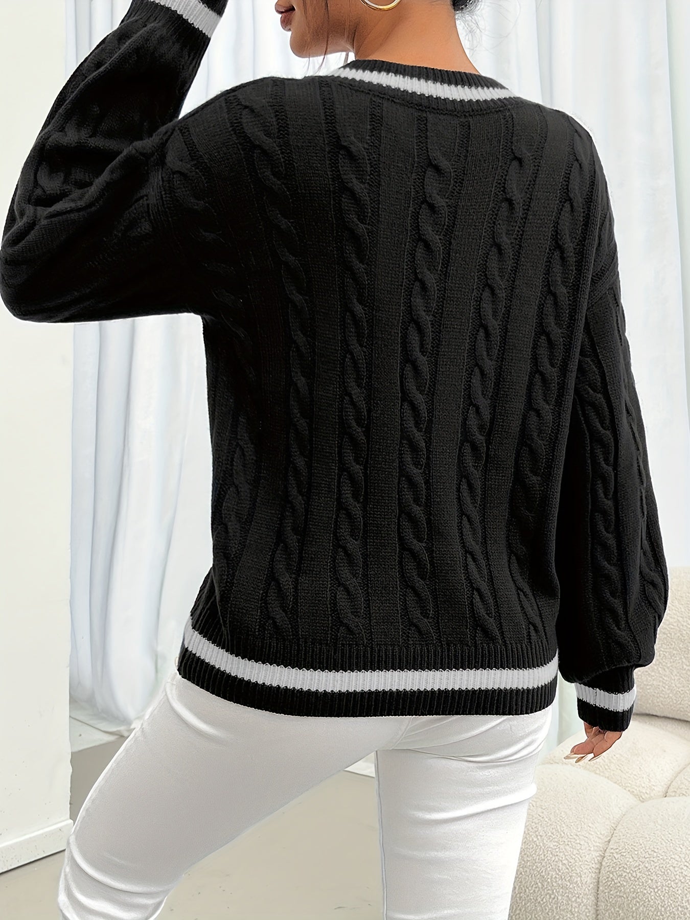 Suéter de punto para mujer con trenzado, escote en V y rayas en el cuello y los puños