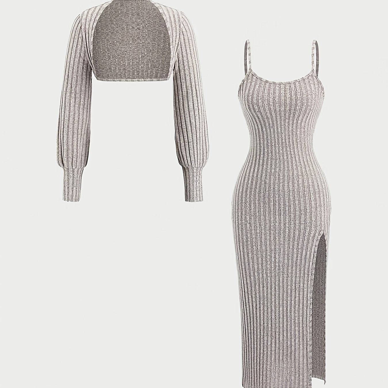 Damen Geripptes Midikleid mit Spaghettiträgern und Kurzpullover-Set