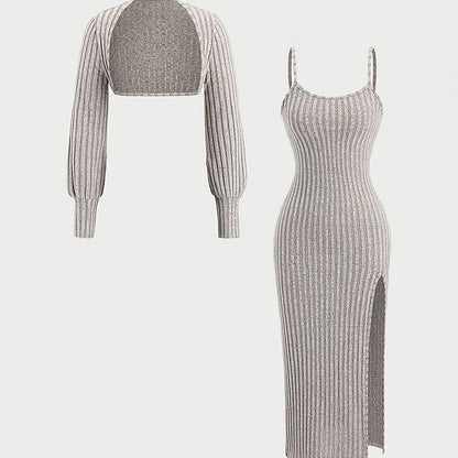 Damen Geripptes Midikleid mit Spaghettiträgern und Kurzpullover-Set