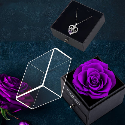 Damen Schmuckset Herz Halskette mit Anhänger 'Mom I Love You' und Geschenkbox mit Ewiger Rose – Elegantes Muttertagsgeschenk