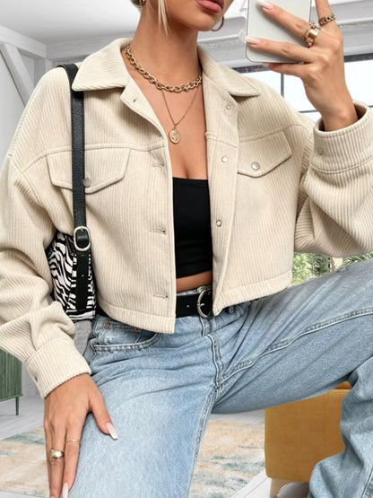 Damen Kurzjacke Rippstrick Cropped Jacke mit Knopfleiste & Brusttaschen