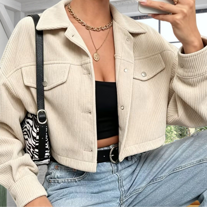 Damen Kurzjacke Rippstrick Cropped Jacke mit Knopfleiste & Brusttaschen