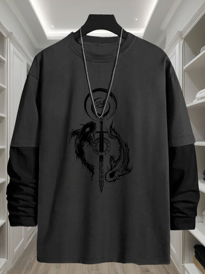 Unisex Langarm-T-Shirt mit Schwert- & Drachen-Print, Mehrfarbig