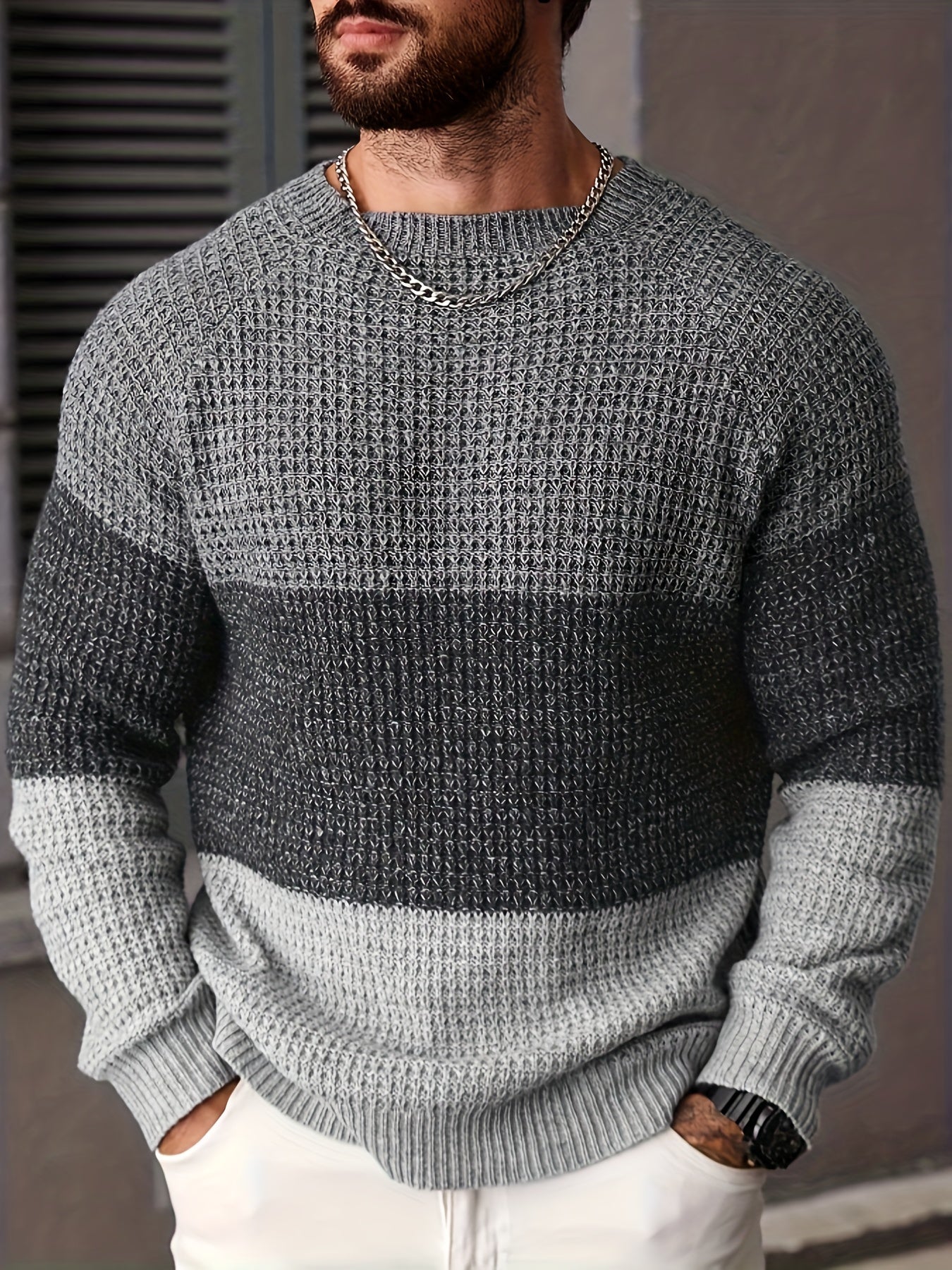 Herren Strickpullover Rundhals Mehrfarbig Gestreift Strukturstrick
