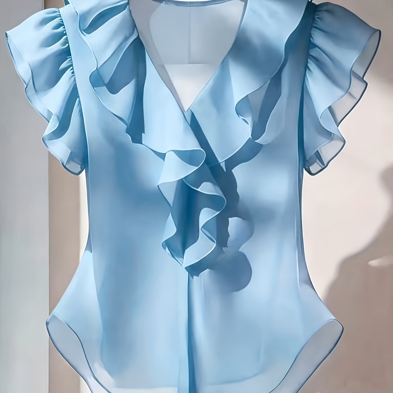 Damevolantbluse med V-hals og volanger – Elegant chiffongbluse for kontor og kveld