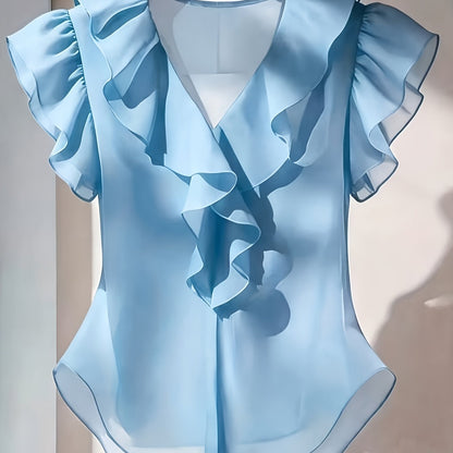 Damevolantbluse med V-hals og volanger – Elegant chiffongbluse for kontor og kveld