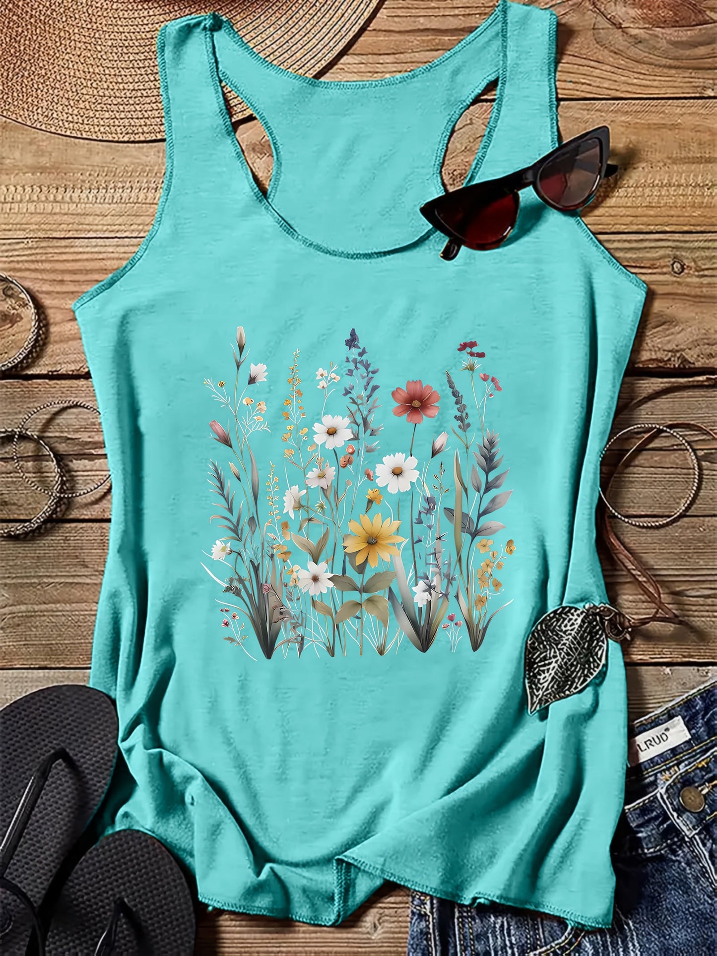 Damski top na ramiączkach z nadrukiem dzikich kwiatów – letnia koszulka na co dzień w stylu boho