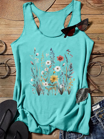 Damski top na ramiączkach z nadrukiem dzikich kwiatów – letnia koszulka na co dzień w stylu boho