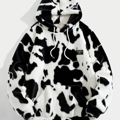 Unisex Teddy Fleece Hoodie mit Kapuze und Kuhfleckenmuster