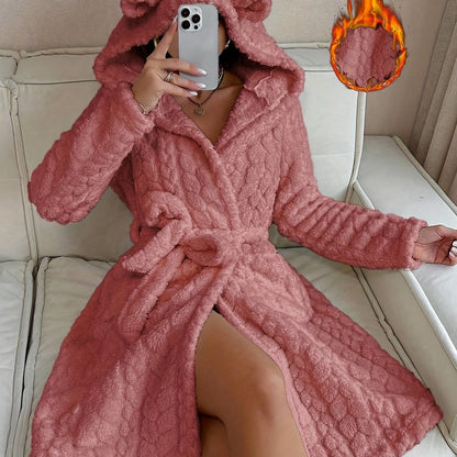 Peignoir de bain douillet à capuche et oreilles pour femmes