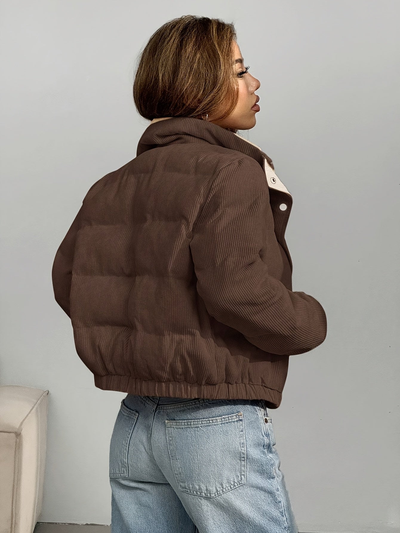 Cord Steppjacke Beige mit Rosa Kragen Damen Kurz