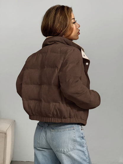 Cord Steppjacke Beige mit Rosa Kragen Damen Kurz