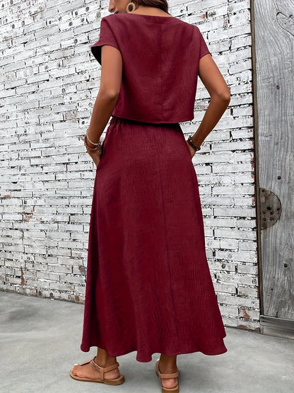 Dame todelt sæt maxi nederdel & kortærmet crop top elegant sommeroutfit