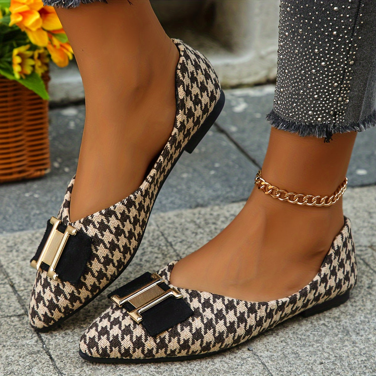 Bailarinas elegantes de pata de gallo para mujer con detalle de lazo – Flats de punta fina a la moda para el día a día y la oficina