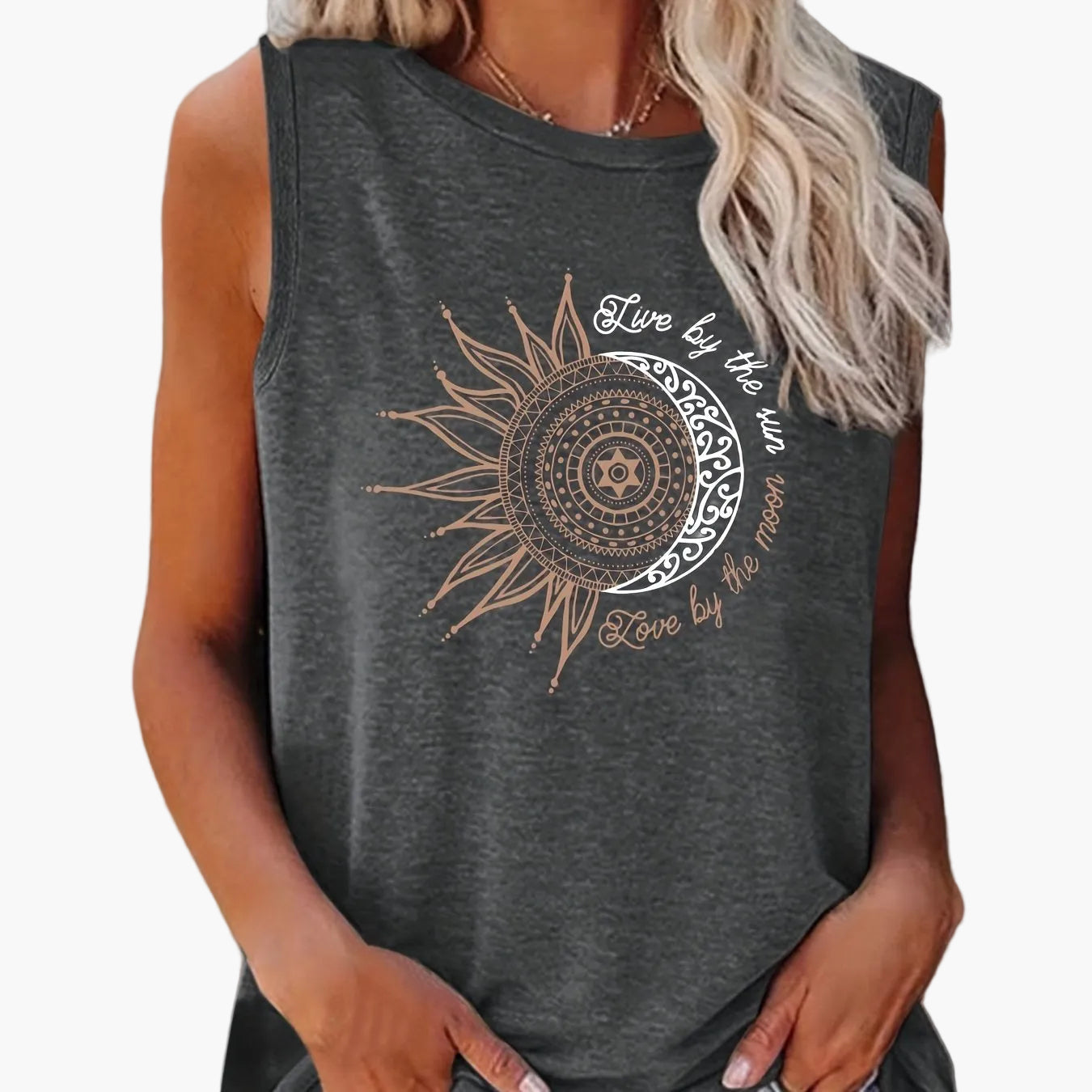 Dames tanktop met mandala zon- en maanprint – boho zomer vrijetijdsshirt