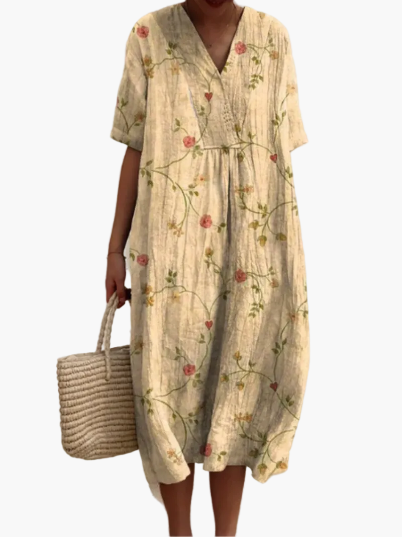 Dame sommerkjole i løs boho-stil – Fritidskjole med blomsterprint og V-udskæring, ideel til strand og hverdag