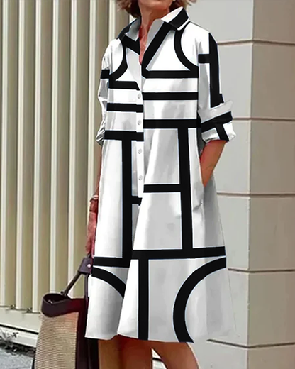 Vestido camisa para mujer con estampado geométrico y bolsillos prácticos – Moderno y versátil para día a día y oficina