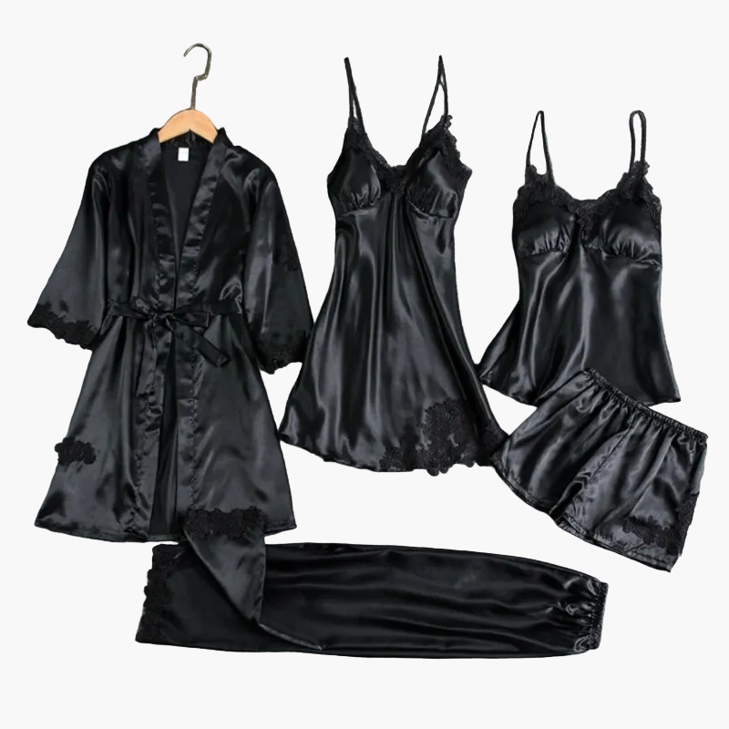 Damen Luxus Nachtwäsche Set 5-teilig – Elegantes Pyjama- und Loungewear Set mit Kimono, Nachthemd, Top, Shorts & Hose