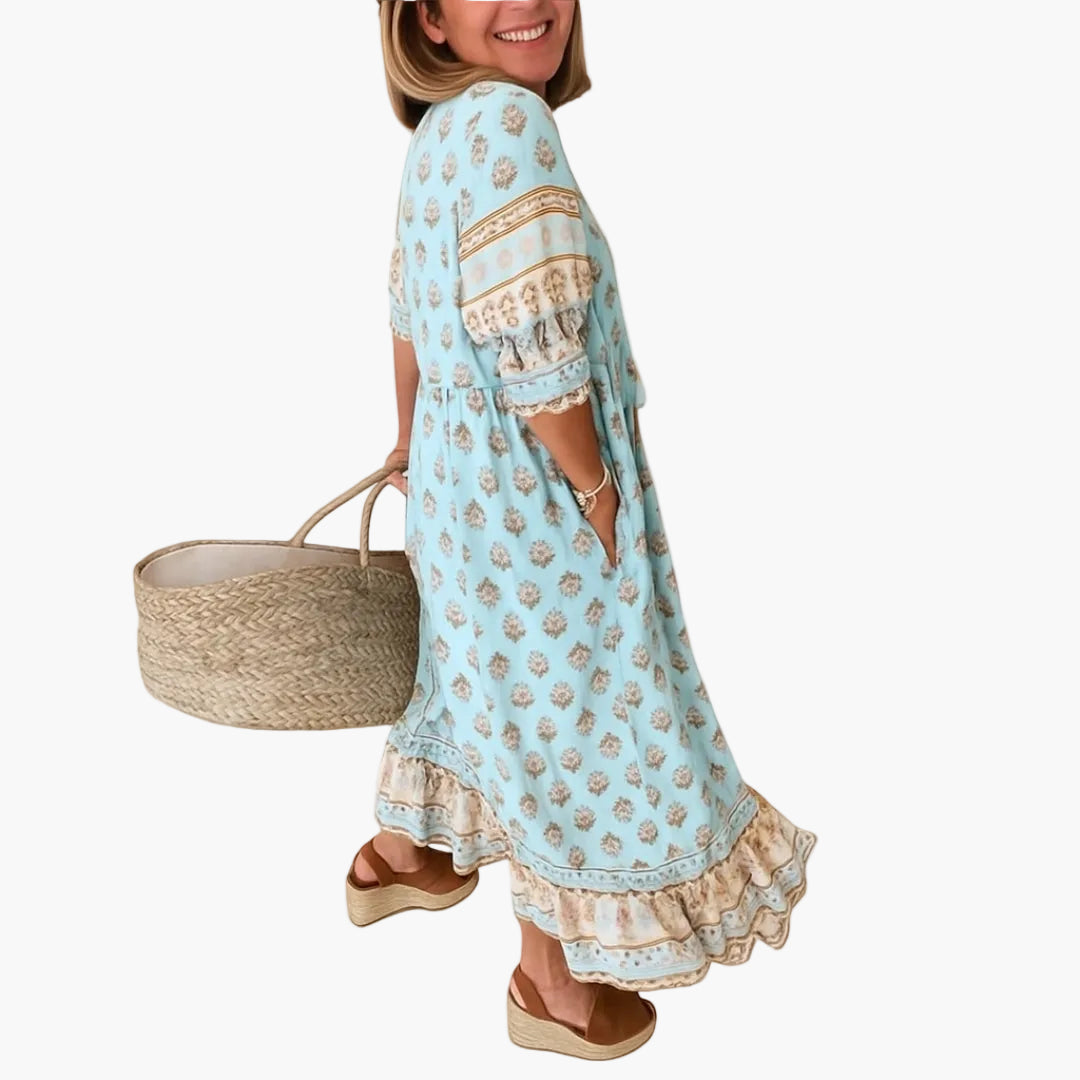 Dame midi boho-kjole med print og kvaster, sommerkjole til fritid med lommer
