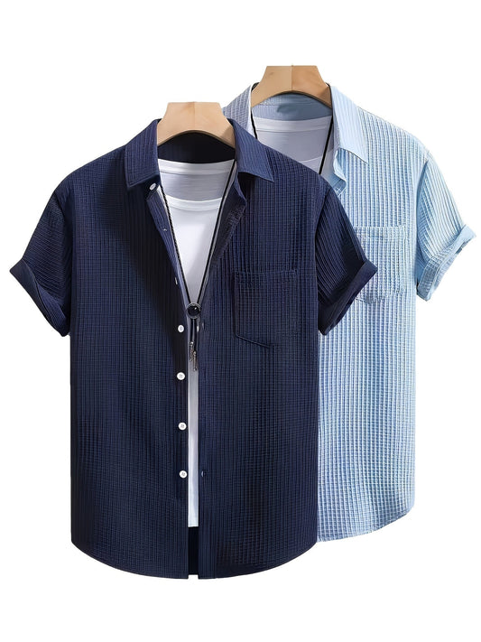 Camisa casual de manga corta para hombre con estructura de gofre – Diseño moderno de resort para el día a día y las vacaciones