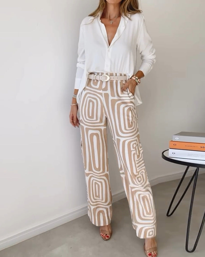 Shannon – Costume décontracté pour femme avec chemise à manches longues à col revers et pantalon à jambes larges